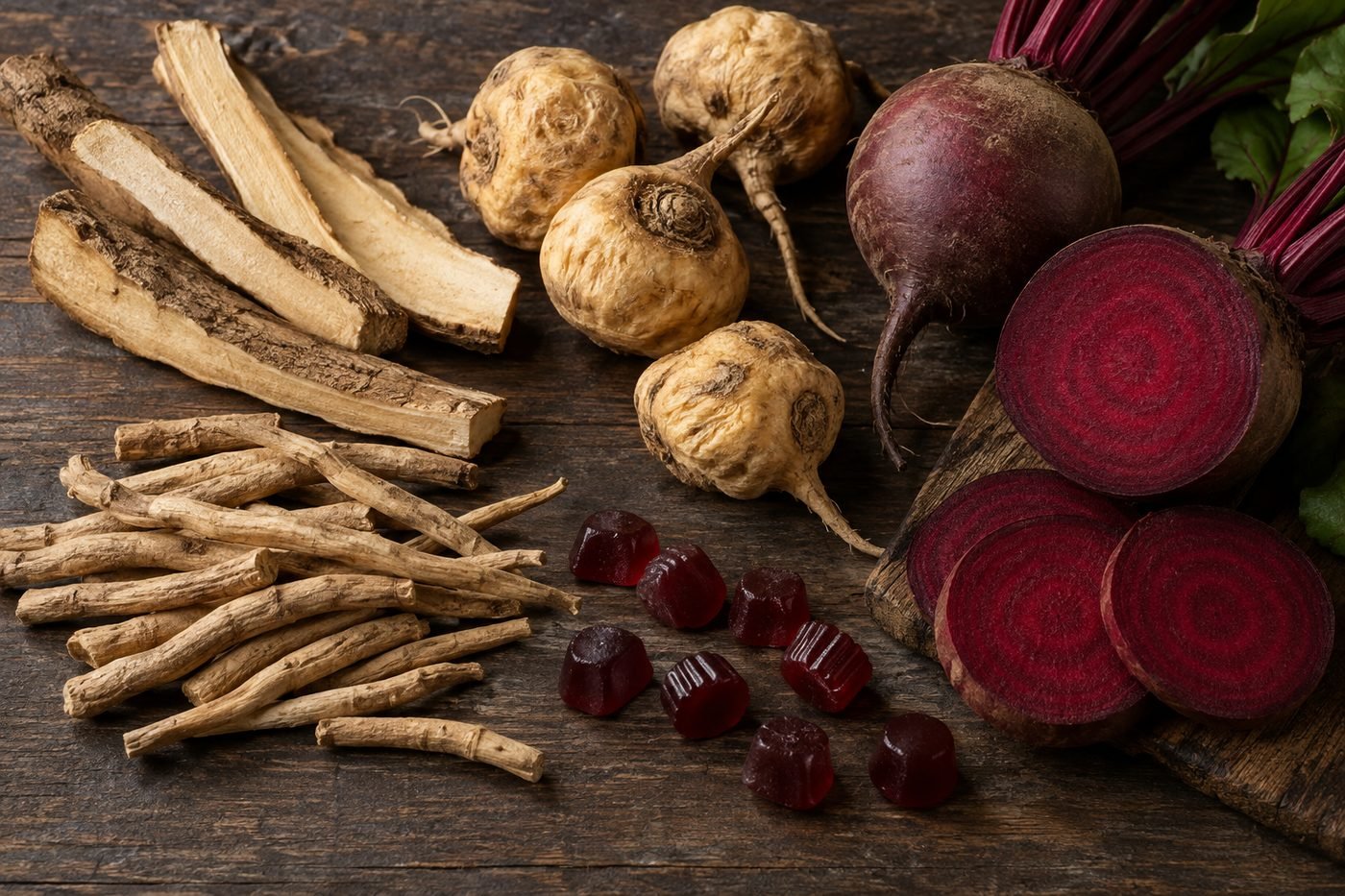 Maca root, ginseng-style roots, beet root and red gummies arranged on a wood surface — illustrative photo of the botanical ingredients in the HorseFil formula