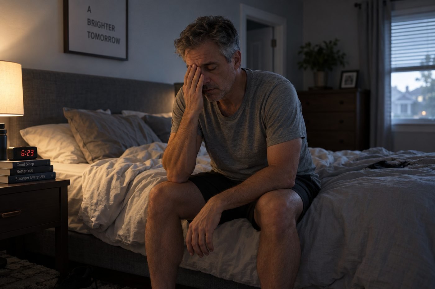 Man in his 50s sitting on the edge of the bed early morning, looking tired and low on energy