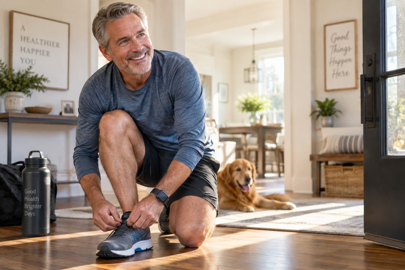 Man in his 50s tying his running shoes at home, smiling, with his dog nearby — illustrative photo of an active daily routine