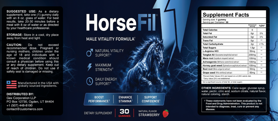 HorseFil Supplement Facts label showing serving size, amounts per serving and other ingredients